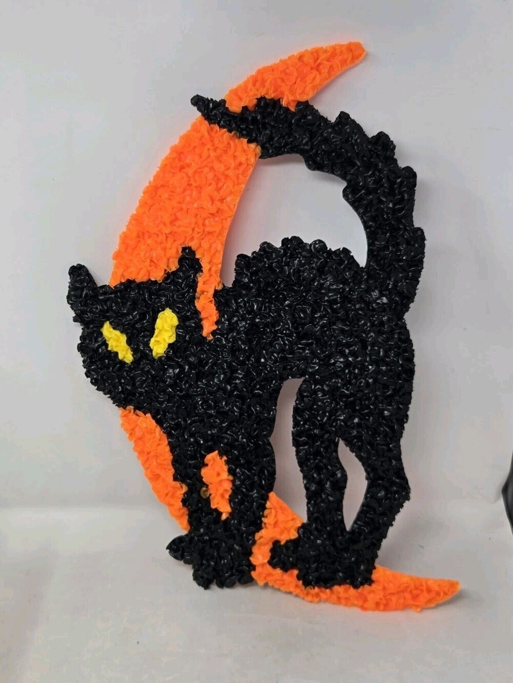 Vtg. Melted Plastic Popcorn Halloween Decoration Black Cat/ Orange Crescent Moon